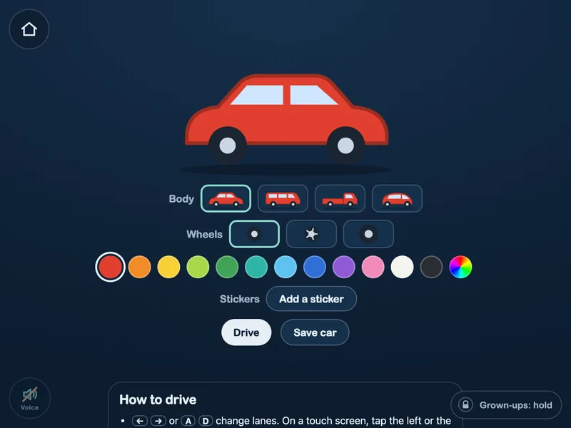 The Car Garage: a red car to build, with choices of body, wheels, color and stickers, and a button to Drive