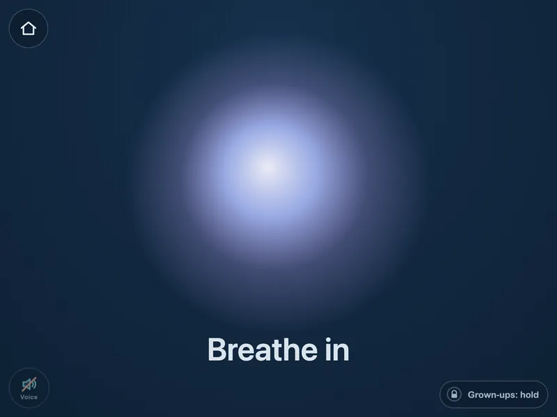 The Breathe activity: a soft glowing circle and the words Breathe in