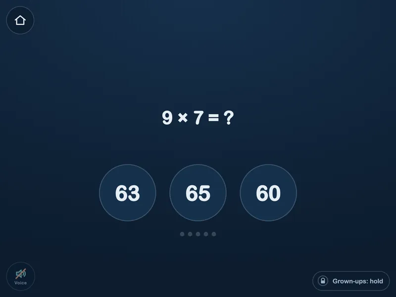 A math question: 9 times 7, with three answers to choose from