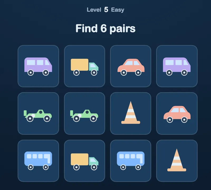 The Memory game with car cards: a van, a truck, a car, a race car, a cone and a bus