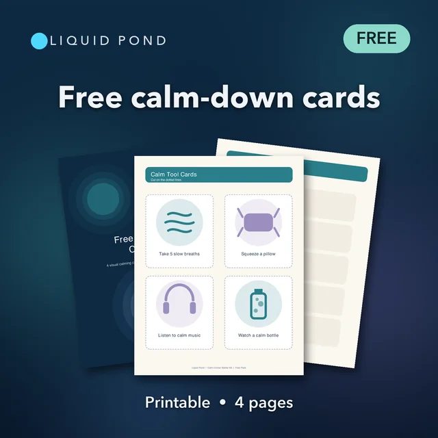 The cover of the free calm-down card pack: picture cards for taking slow breaths, squeezing a pillow, calm music and a calm bottle. Printable, 4 pages