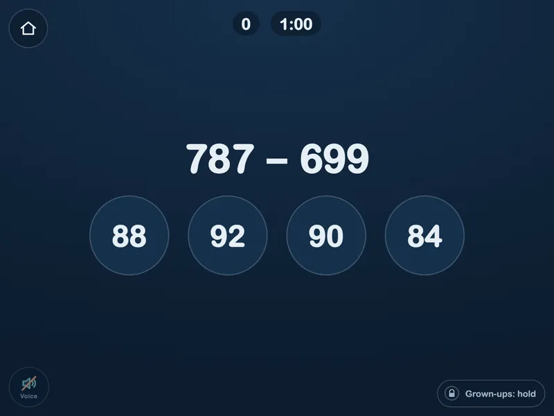 Math Race at Expert level: the question 787 minus 699, with four answers to choose from